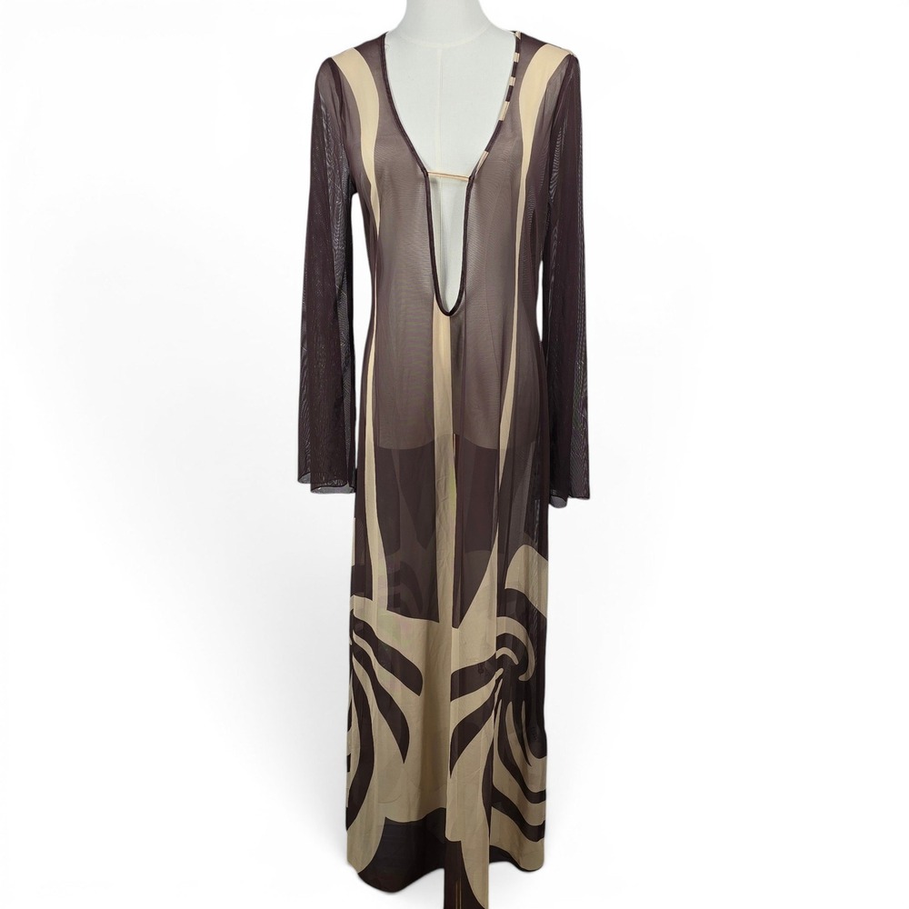 Caroline Constas Sheer Mesh Cover Up Maxi Dress Brown Cream Medium Luxe Boho NWT
